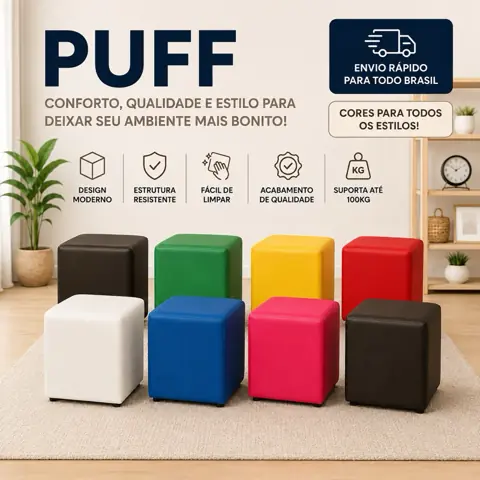 Puff Diversas Cores Quadrado Estofado Courino 40x34x34cm Banco Sala Quarto