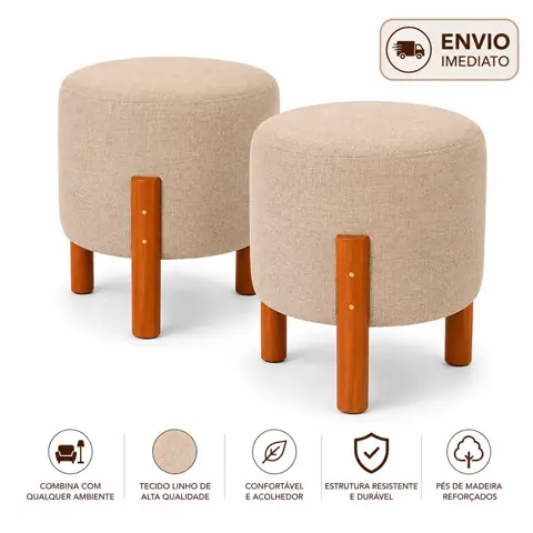 Kit 2 Puffs Redondos Decorativos com Pés de Madeira Linho Bege para Sala Quarto e Penteadeira