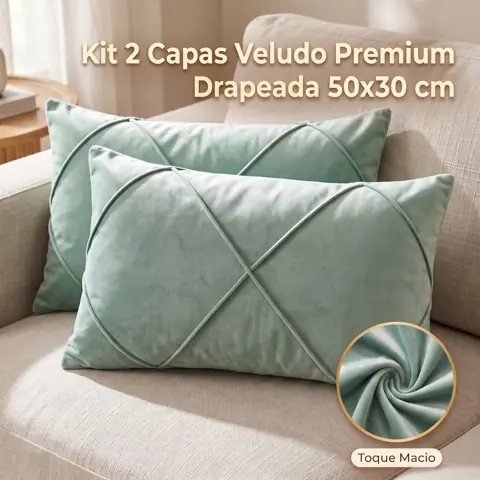 Kit 2 Capas Almofada Baguete Veludo Premium 30x50 Drapeado Lombar Retangular - Zíper Invisível Toque Macio...