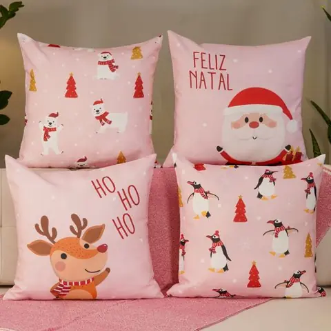 Kit 4 Capas de Almofadas Decorativas Natalinas Rosa 45x45 cm