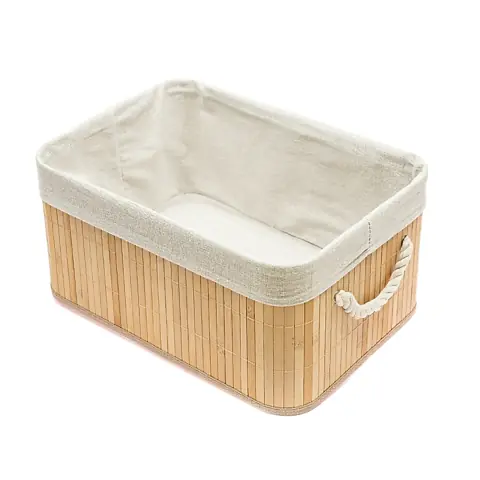 Cesto Organizador Retangular Bambu Natural Tecido Linho e Corda Organização Casa
