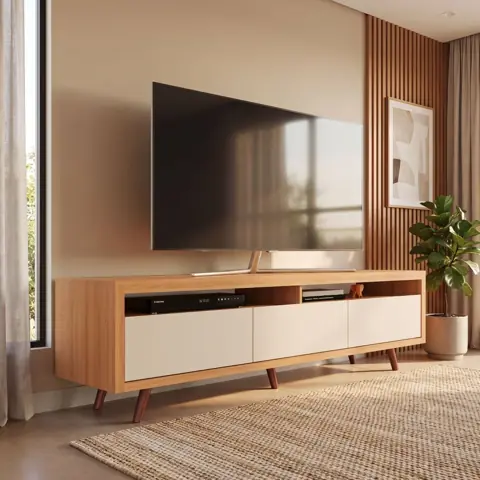 Rack Vanessa 100% MDF 3 Portas Basculantes Pés Retrô para TV até 55"