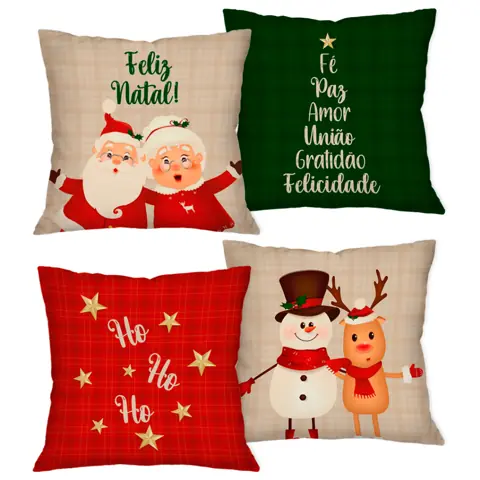 Kit com 4 Capas para Almofadas Decorativas 45X45 cm / Feliz Natal / Home