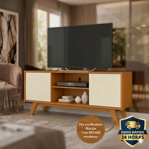 Rack Sala TV 50 Polegadas Turim Pés Madeira - Direto Da Fábrica