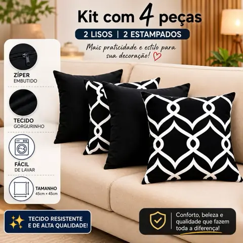 kit com 4 capas de almofadas decorativas para sofá c/ zíper