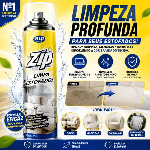 Kit Limpa Estofados Sofá Poltrona Cadeira Espuma Mágica Limpa a Seco Zip Clean Spray 300ml