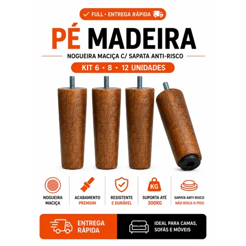 Pé de Cama Box Sofá Madeira Nogueira Maciça 12cm C/ Sapata Anti-Risco Kit 6 8 12 Unid Suporta 500kg
