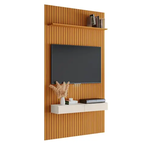 Painel para TV até 55 Polegadas 1,39x2,40m Ripado com Nicho Arbo Cedro/Off White EDN