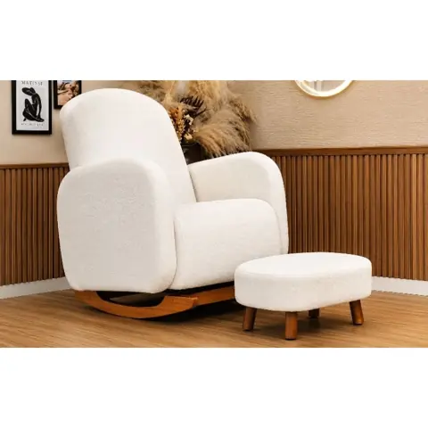 Poltrona de Amamentação Decorativa Curva Balanço Orgânica Boucle Bege ou Cinza com Puff para Sala Moderna...