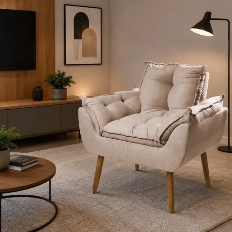 Poltrona cadeira opala pes palito em suede bege