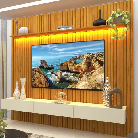 Rack com Painel para TV até 90 Polegadas 100% MDF Ripado com LED 250CMX228.8cm Nobre Naturale/Off White...