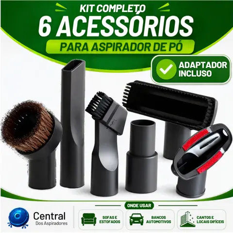 Kit 6 Acessórios Universal para Aspirador de Pó com Adaptador Bicos Bocais Escova para Sofá Carro e Cantos