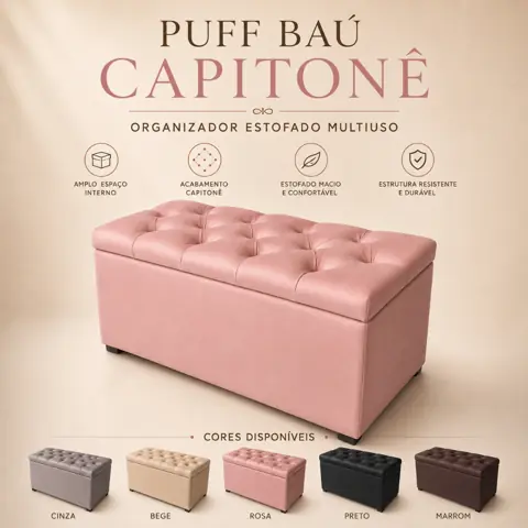 Puff baú estofado 90cm capitonê pé de cama organizador suede quarto sala closet decoração resistente
