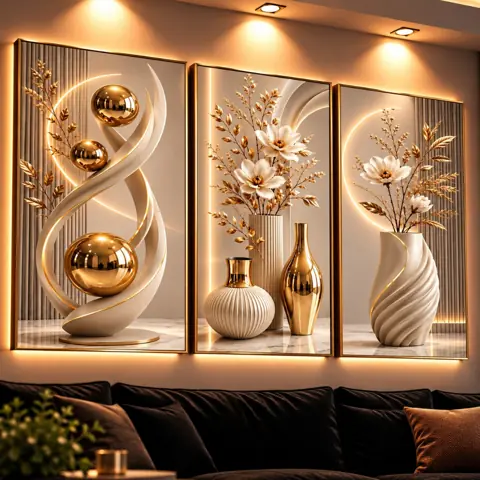 Kit 3 Quadros Decorativos Sala Quarto Escritório Luxo Abstrato Flores Dourado Bege Branco Moderno em Alta...