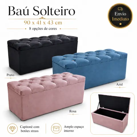Bau Puff Organizador Solteiro Capitone Botoes Strass 90cm Suede Veludo Varias Cores