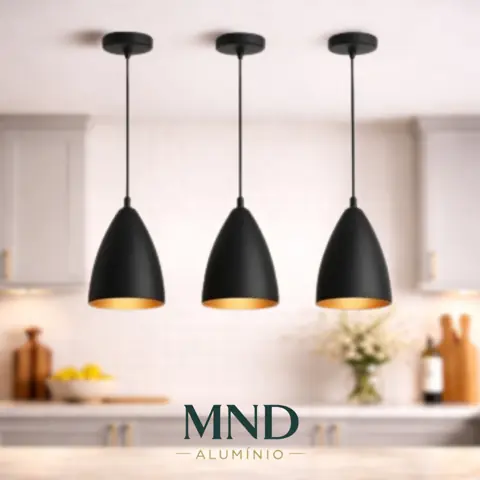 Kit 3 Luminárias Pendentes Modernas Preto com Cobre - Sala, Jantar, Teto