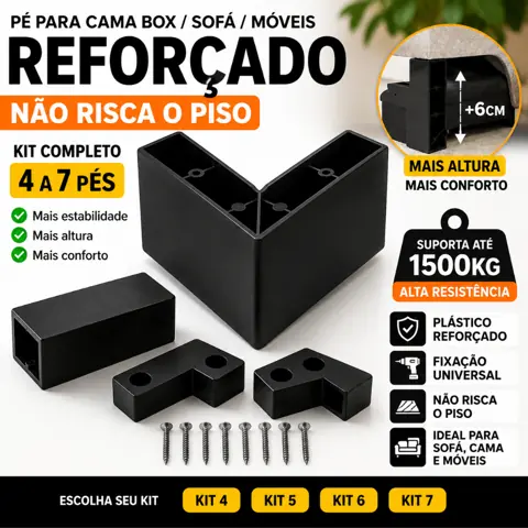 Pé Cama Box Cantoneira L Reforçado Kit 4 6 7 Pés Universal Cama Baú Sofá 1500kg Não Risca Piso Preto