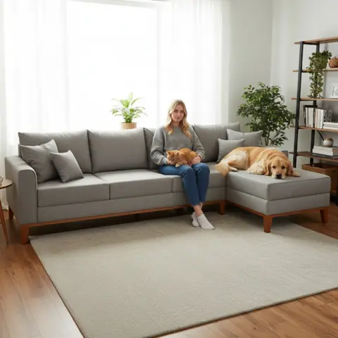 Sofá 4 Lugares Beny com Chaise Direito Linho Cinza