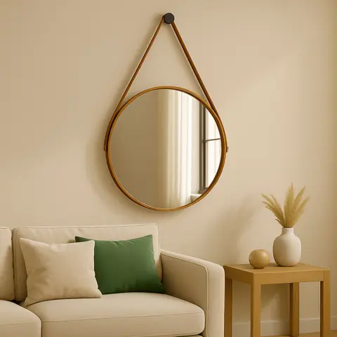 Espelho Decorativo Adnet 40cm Couro Alça Suporte Banheiro Sala Quarto Escritório