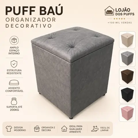 Puff baú organizador multiuso estofado porta objetos casa quarto sala penteadeira roupas sapatos puf