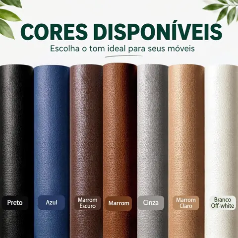 Remendo Adesivo Imitação Couro Preto, Marrom e Várias Cores 50cm x150cm Reparo para Sofá, Cadeiras e Móveis