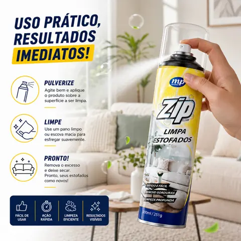 Limpa Estofados Spray Zip Clean 300ml Limpeza Rapida e Facil