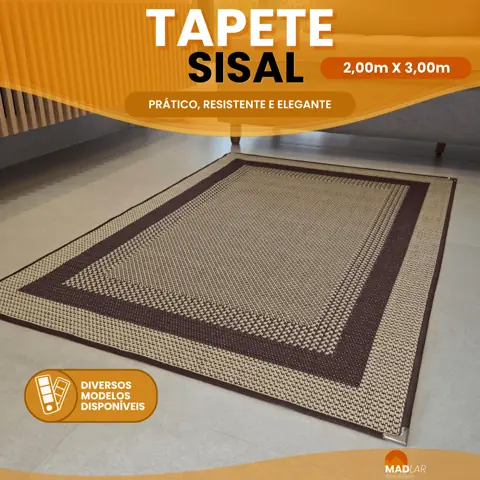 Tapete Sisal 200x300 cm Lancer Sisllê Antiderrapante com Cantoneira Aço Cromado Sala Quarto Escritório...