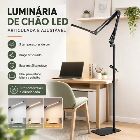 luminária de piso 190cm bivolt articulada chão pedestal coluna lustre metal Luz LED