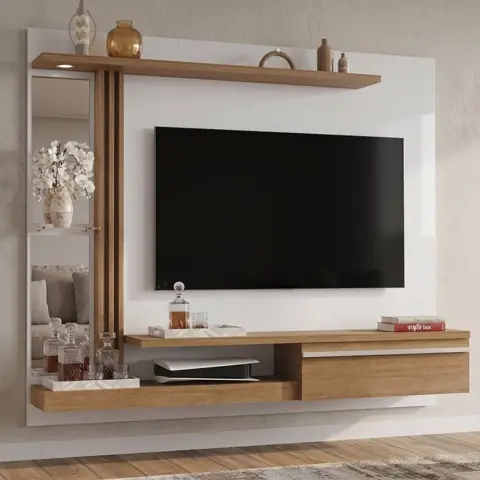 Painel para TV até 55 Polegadas com LED 160CMX136CM Prateleira de Vidro Denver Bege Off White/Naturalle