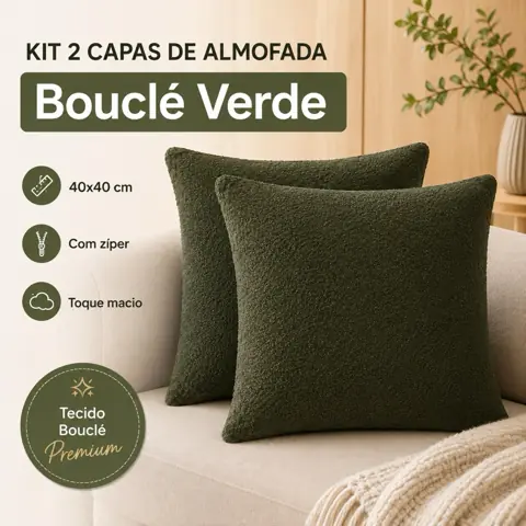 Kit 2 Capas Almofada Bouclê 40x40 Verde escuro Com Zíper Decorativa Sofá Sala