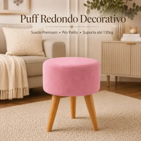Puff Redondo Decorativo 36cm Banqueta Estofada Suede Reforçada Suporta Até 130kg sem Impacto
