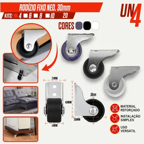 Kit 4 Rodinha Rodizio Fixo Para Sofa Retratil Bicama Auxiliar Gavetão Roda de 30mm Anti Risco