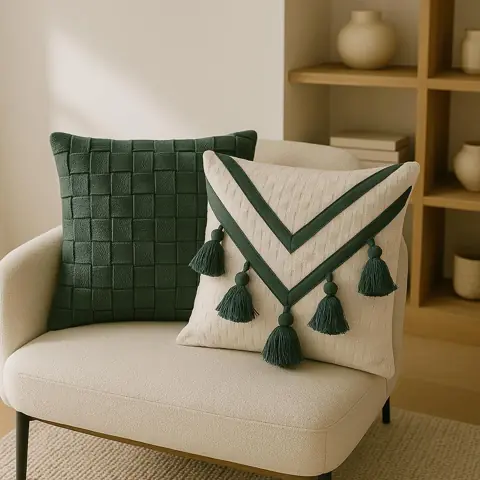 Capa Almofada Trançada Macramê Artesanal Boho Sofá Decoração 100% Algodão Verde 45x45
