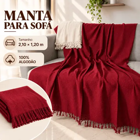 Manta Para Sofá 2,10x1,20m 100% Algodão Decorativa Protetora com Franjas Macia e Confortável