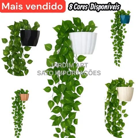 1 Kit Vaso Plastico Ceremico + 2 Planta Pendurada Verde Artificial Parede Varanda pendente verde caida Enfeite