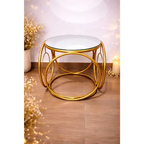 Mesa De Centro Argolada Dourada ou Preta Com Tampo De Vidro Para Salas E Quarto Moderno