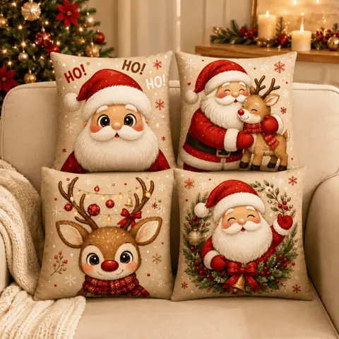 Kit Capas de Almofada Natalina 45x45cm 4 Peças Decoração de Natal
