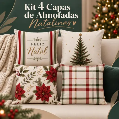 Kit 4 Capas de Almofada Natalinas 43x43 Estampadas Xadrez - Decoração de Natal