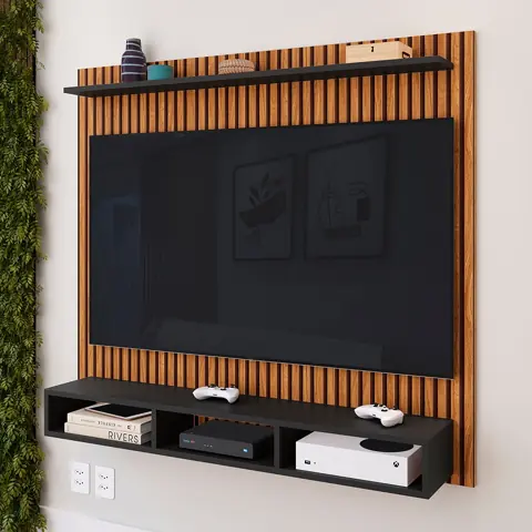 Painel Para Tv Até 50 Polegadas Home Sala / Quarto Maxxi Ripado 3 Nichos 1 Prateleira Suspensa