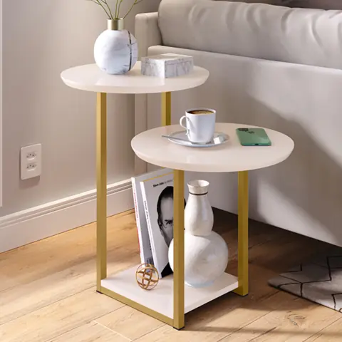 Mesa Apoio Lateral Sala DECORAÇÃO com 2 Tampos Pés de Ferro Industrial - MV