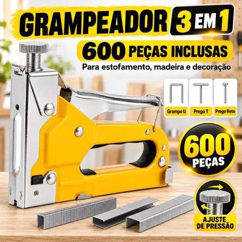 Grampeador Tapeceiro de Cromado em aço inoxidável + 600 Grampos Ferramentas Profissional