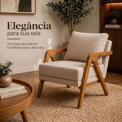 Poltrona Decorativa Sala de Estar Recepção Leitura Madeira Maciça Linho Moderna Mona