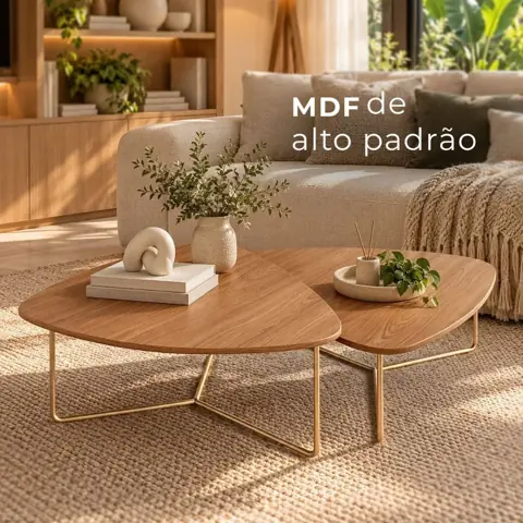 Kit 2 Mesas de Centro Sala de Estar Design Orgânico Madeira MDF Base Metal Dourado ou Preto Moderna
