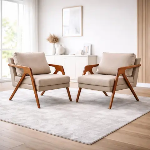 Kit 2 Poltronas Estofadas Tecido Linho Conjunto Moderno Sala E Quarto Pés Em Madeira Conforto Luxo