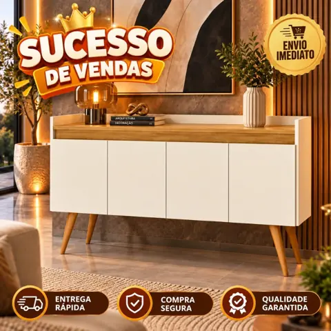 Aparador Buffet Retrô Sala Pés Palito Em Madeira Maciça Elegance 4 Portas Prateleira Interna