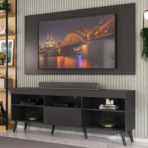 Rack com Painel TV 50" 55" 60" 65" Retrô Flórida Up Multimóveis MP1042 Preto