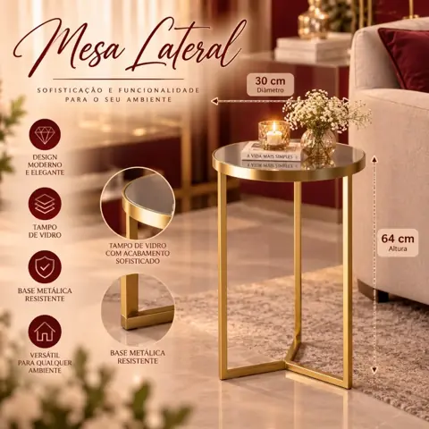 Mesa Lateral Apoio Unitária Dourada ou Preta Decorativa Sala Espelho