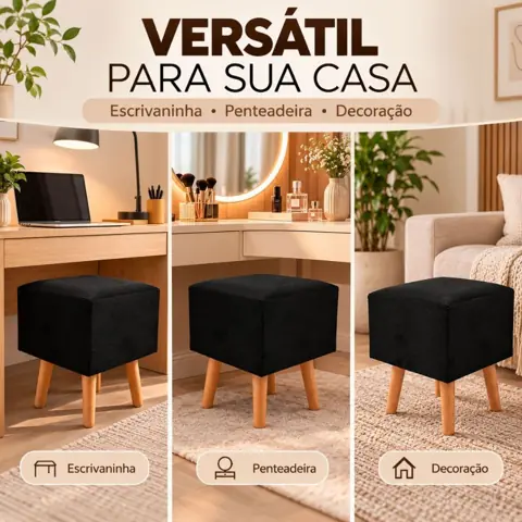 Banqueta Quadrada Decorativa 45 cm em Suede Veludo - Puff Estofado para Quarto, Sala e Penteadeira