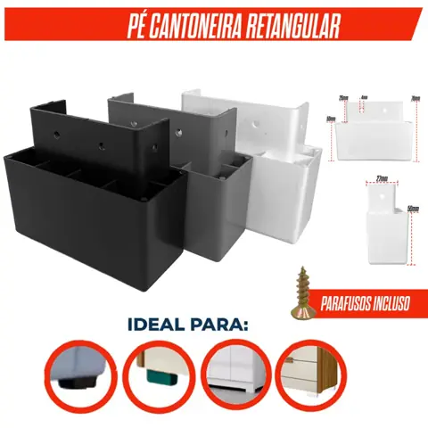 Pé Retangular 100x40x50mm Branco Kit 4/8/10/20 c/ Parafuso Sofá Armário Cama