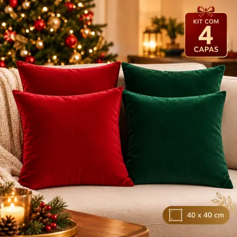 Kit 4 Capas Almofada Veludo Luxo 40x40 Vermelho e Verde Elegante